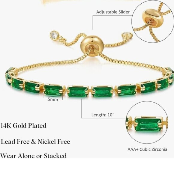 Women's 14K Gold Plated Green Cubic Zirconia Adjustable Stackable Bracelet - Picture 3 of 5
